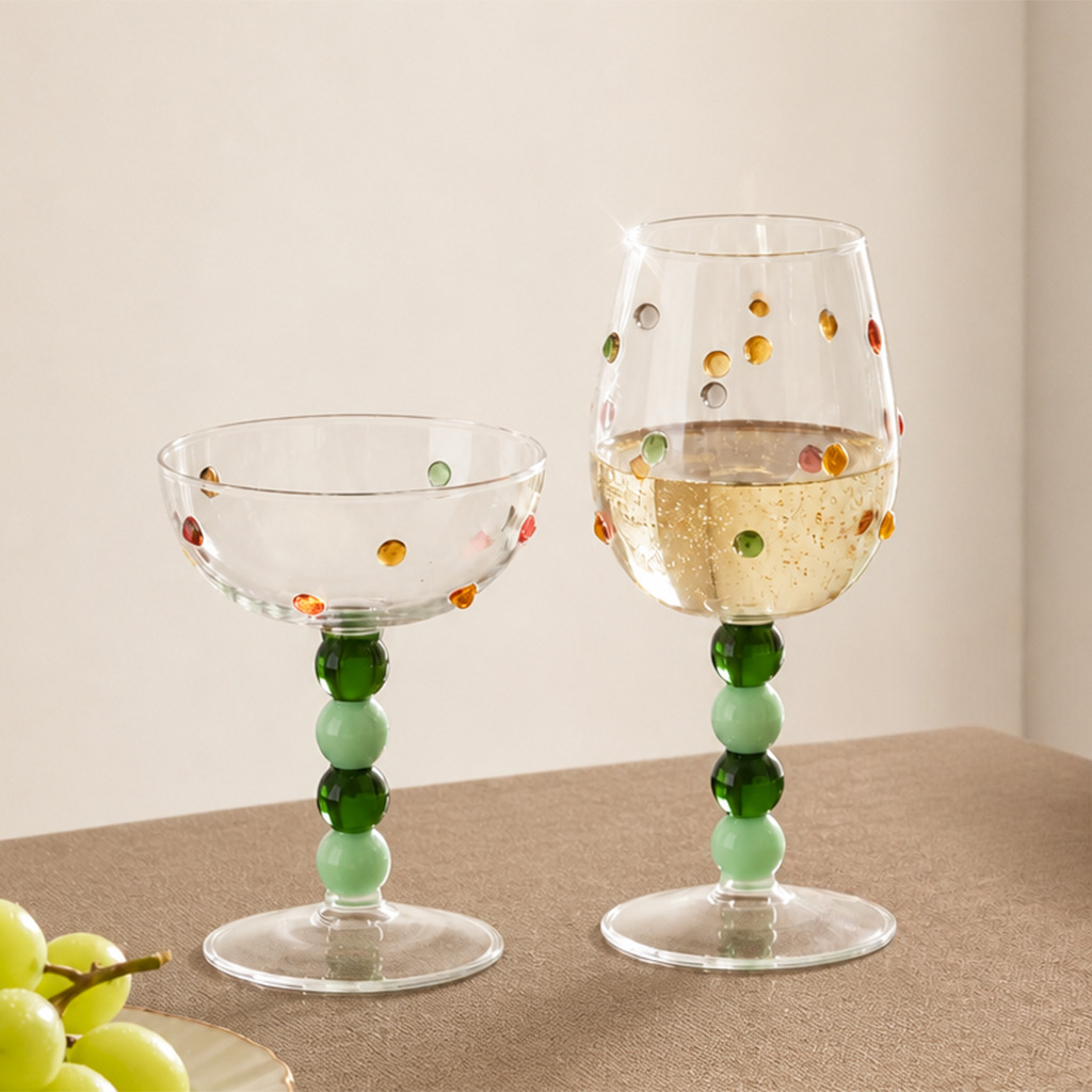 Creative Green Pearl Polka-Dot High-Stemmed Glass Cup Two-Piece Set