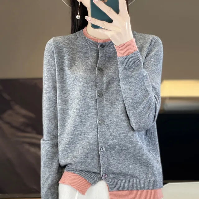 Women's Round Neck Multicolor High grade Sweater Coat Loose Long Sleeve Top Gray Powder - Shop at LoveMi