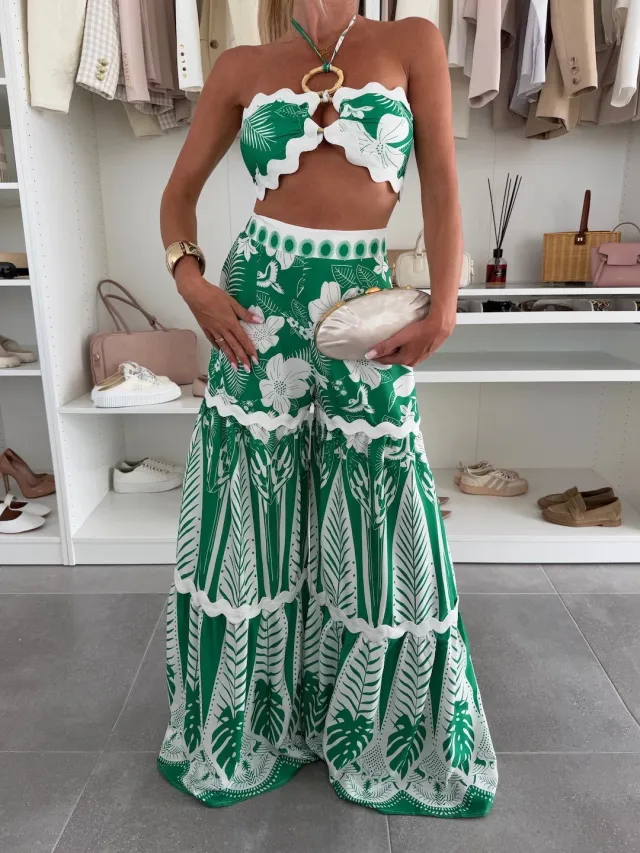 Casual Fashion Linen Sexy Lace Beach Pants Suit Green - Shop at LoveMi