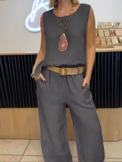 Women's Casual Round Neck Vest Cotton Linen Sleeveless Trousers Two-piece Suit - Gray - View 1