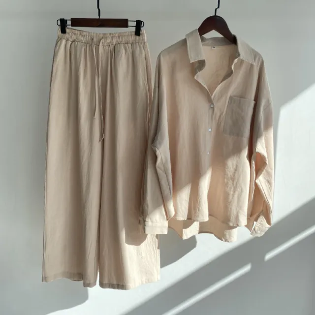 Women's 2 piece Retro Plus Size Cotton Linen Shirt Outfit High Waist Loose Trousers Apricot - Shop at LoveMi
