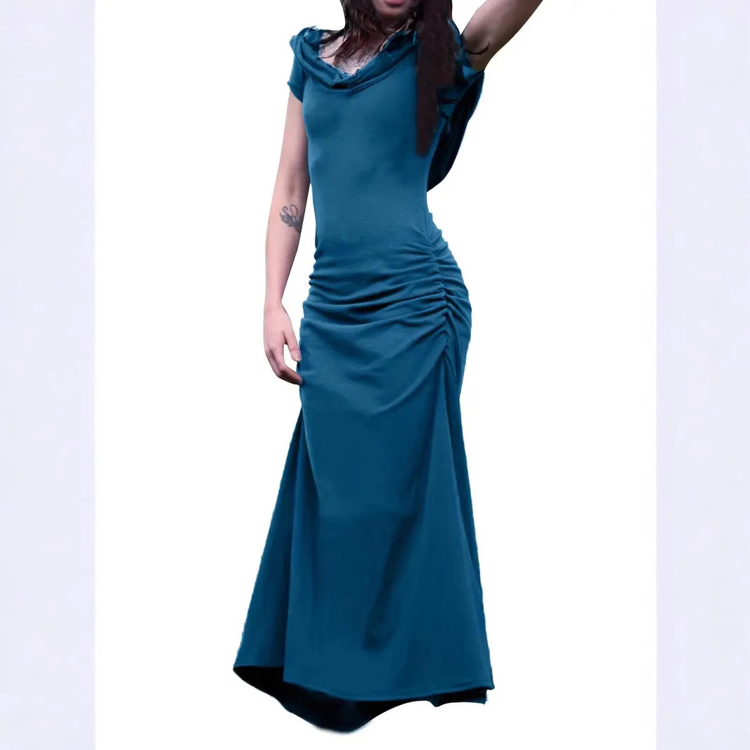 Womens Fashion Solid Color Back Cutout Short Sleeve Dress Blue - Shop at LoveMi