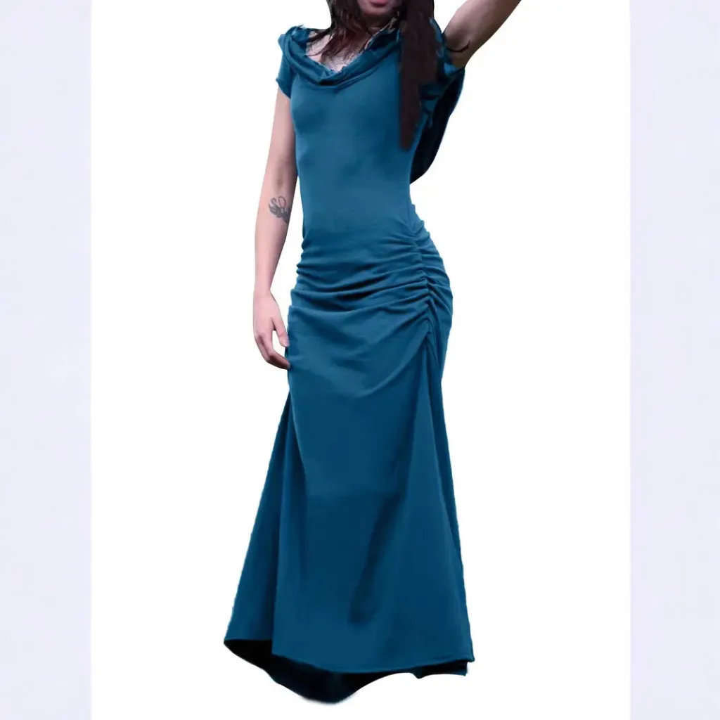 Womens Fashion Solid-Color Back-Cutout Short-Sleeve Dress - Blue