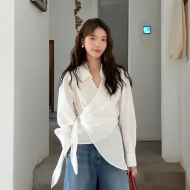 Korean style Designer Belted Striped Shirt With A Cinched Waist White - Shop at LoveMi