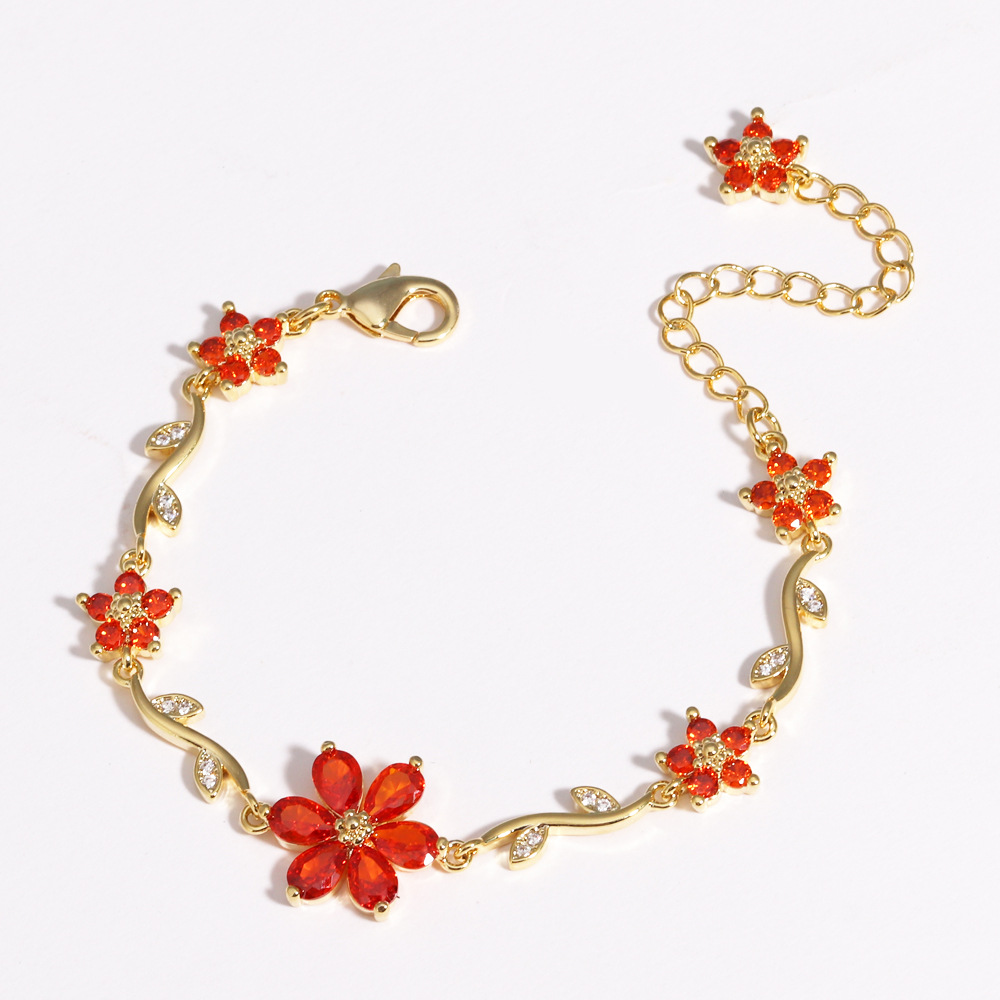 Light-luxury Copper Bracelet With Diamond-inlaid Five-petal Flower And Leavescreative And Versatile