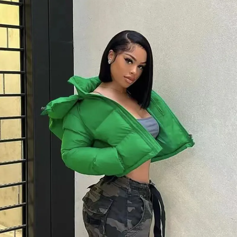 Contrast Color Letter Embroidery Short Cotton Coat Female Ins All-matching Women's Wear New Hooded Zipper Coat Female - Green
