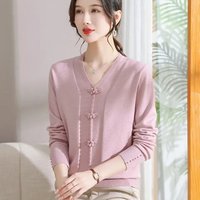 Korean Loose And Lazy Style V neck Sweater Pink - Shop at LoveMi