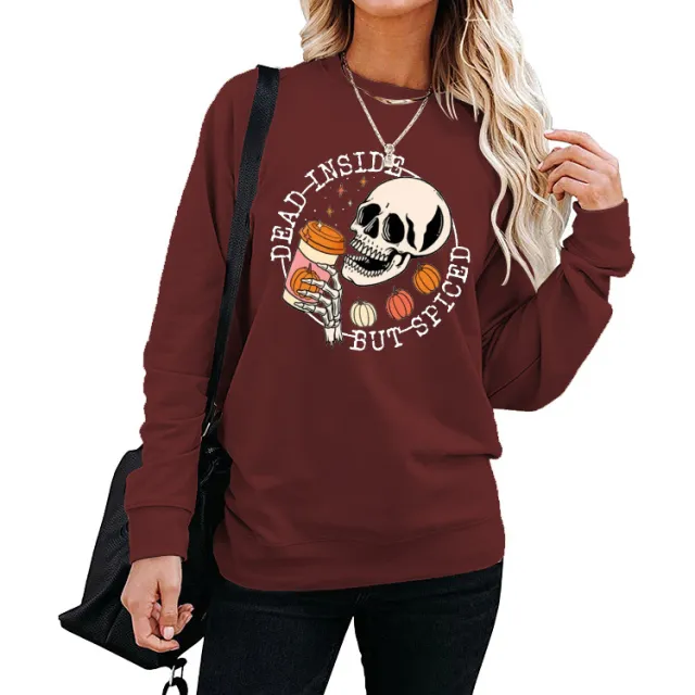 Winter Print Round Neck Long Sleeve Sweater Wine - Shop at LoveMi