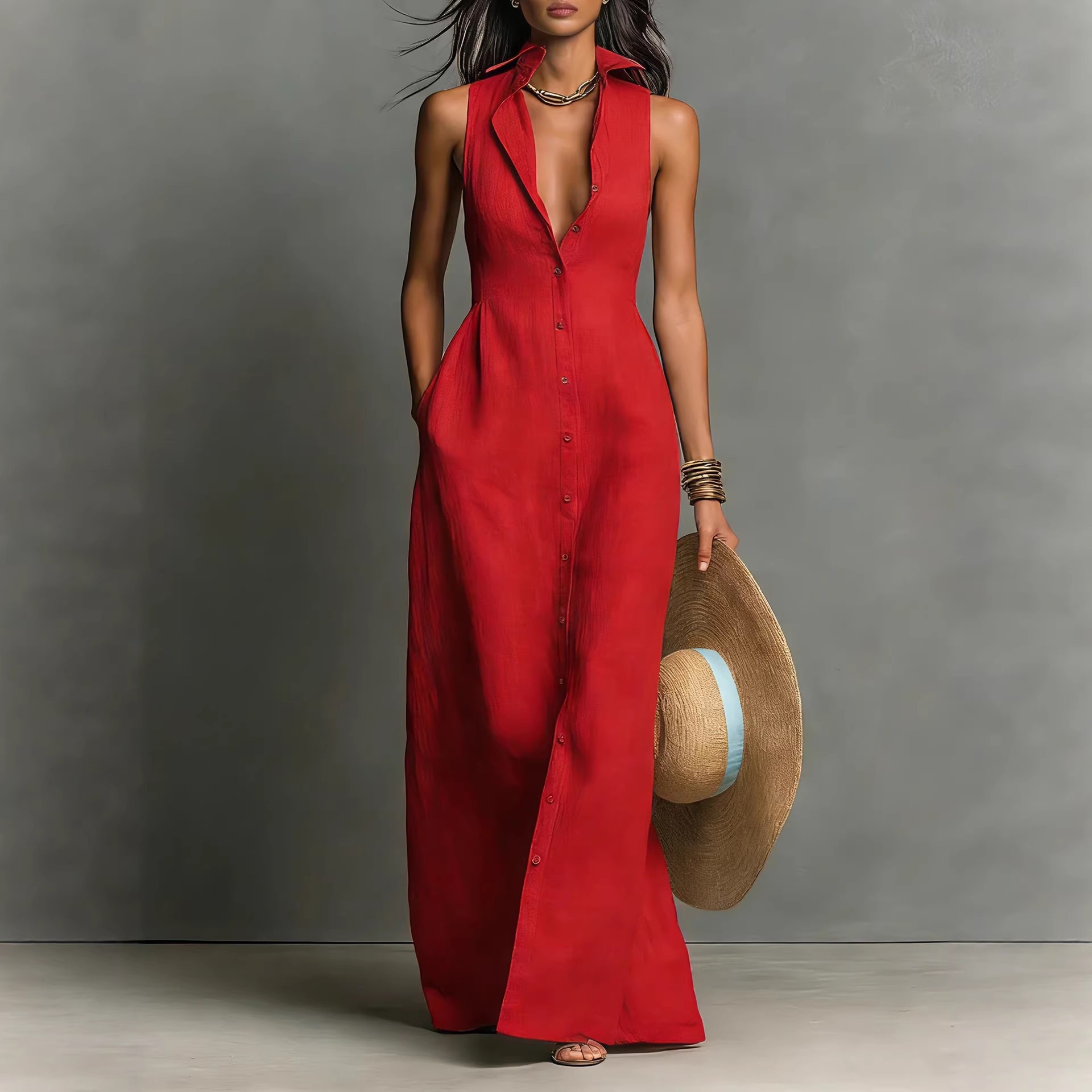 Breasted Sleeveless Shirt-collar Dress