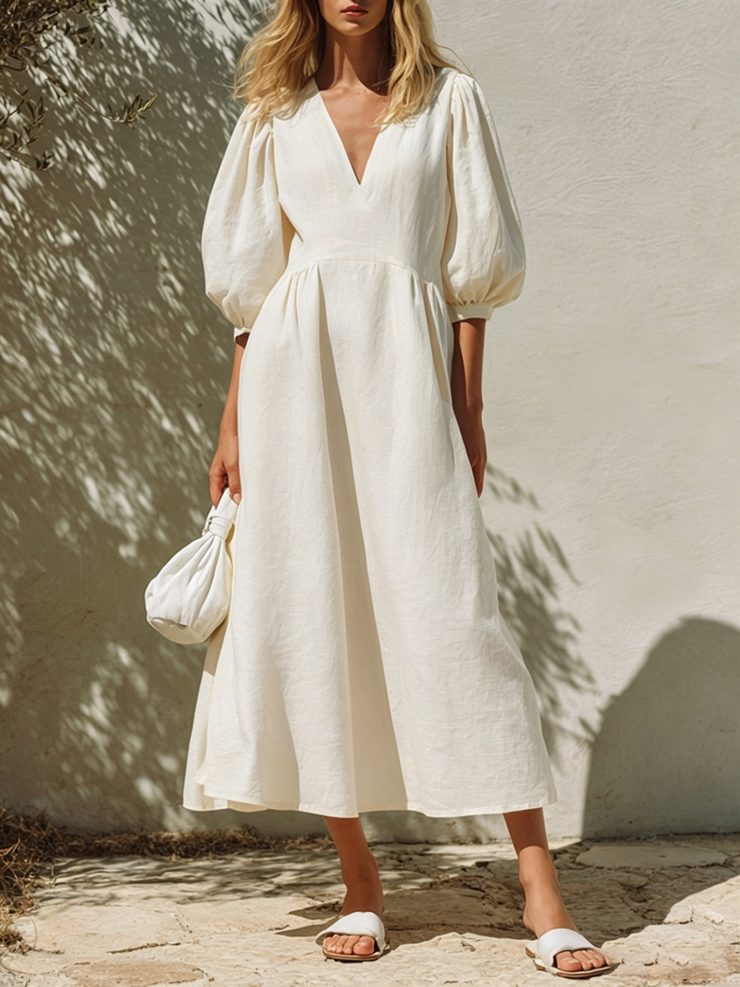 Womens V-neck Puff-sleeve Waist-cinching Slimming Dress