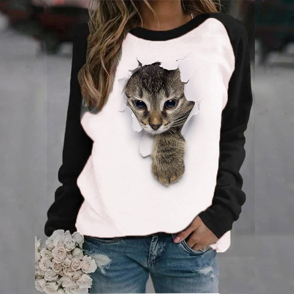 Cat Printed Crew Neck Sweatshirt
