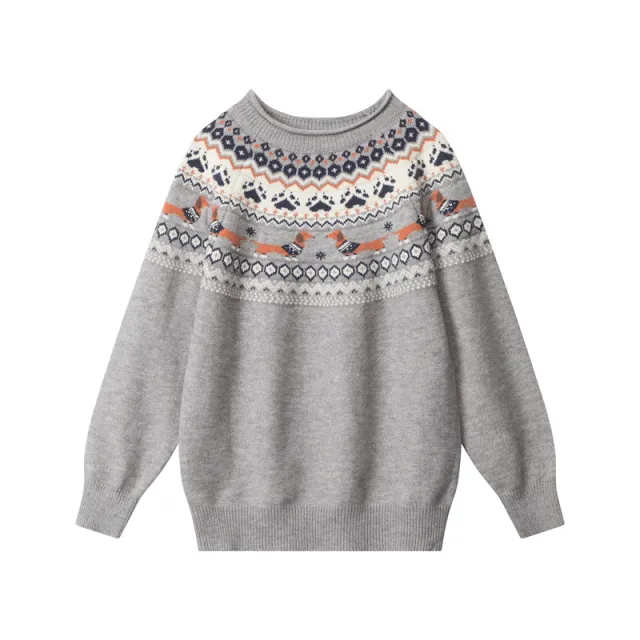 European And American Retro Contrast Color Loose Couple Jacquard Loose fitting Pullover Sweater Flower Gray - Shop at LoveMi