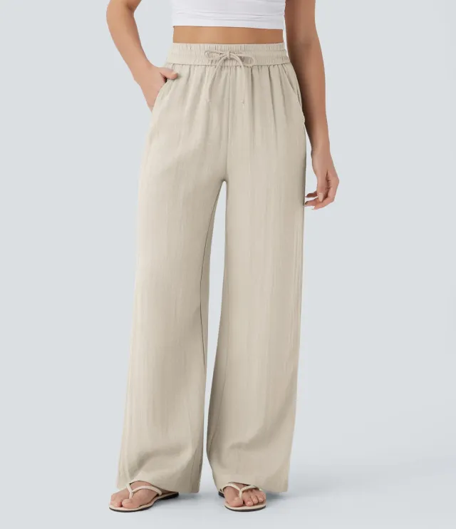 Women's Solid Color Casual Wide Leg Loose Drawstring Trousers Apricot - Shop at LoveMi