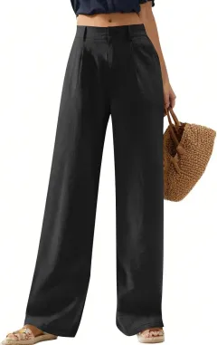 Women's Elastic Waist Wide Leg Casual Trousers - Black - View 1