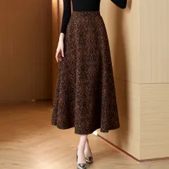 Woolen Jacquard High Waist Swing Dress Thickened Midi Skirt Umbrella Skirt - Brown - View 1