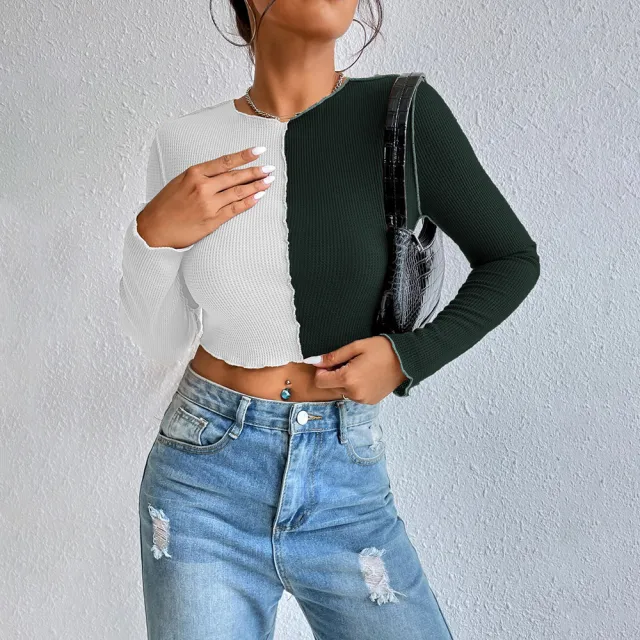 Color Contrast Patchwork Stitching Exposed Short Waffle Long Sleeve Green - Shop at LoveMi