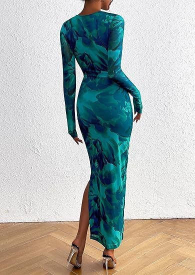 Title 5, Long sleeve floral print tight pleated dress. A...