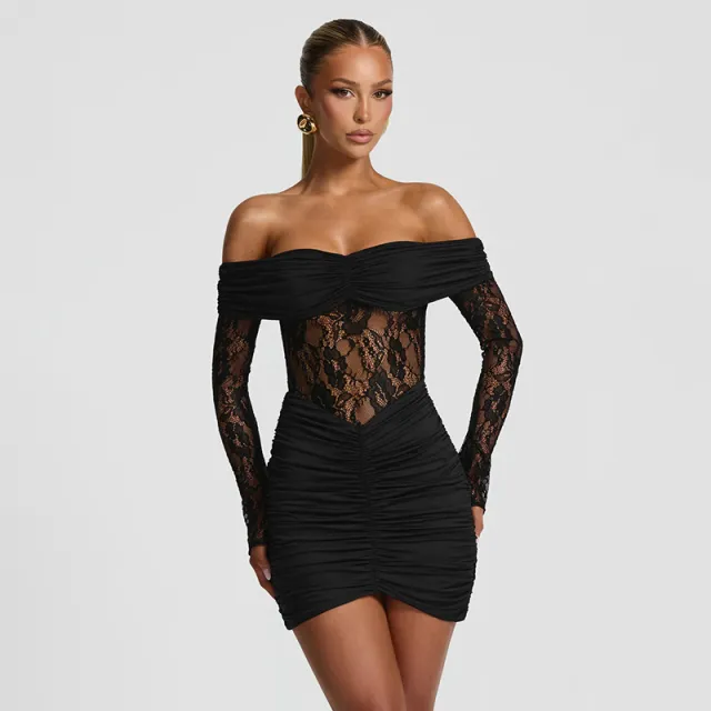 Women's Off the Shoulder Lace Patchwork Sheath Mini Dress Black - Shop at LoveMi