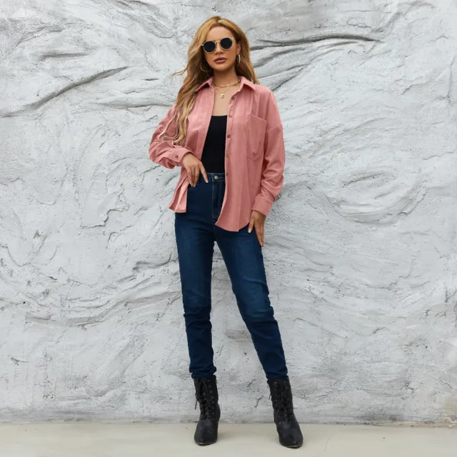 Corduroy Women's American Loose Jacket Coat Solid Color Shirt Lotus Root Color - Shop at LoveMi
