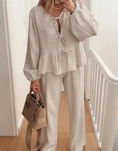 Fashion Casual Lantern Sleeve Lace up Top Suit Beige - Shop at LoveMi
