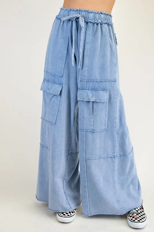 Women's Casual Working Pants High Waist Large Pocket Straight-leg Pants - Denim Color-L