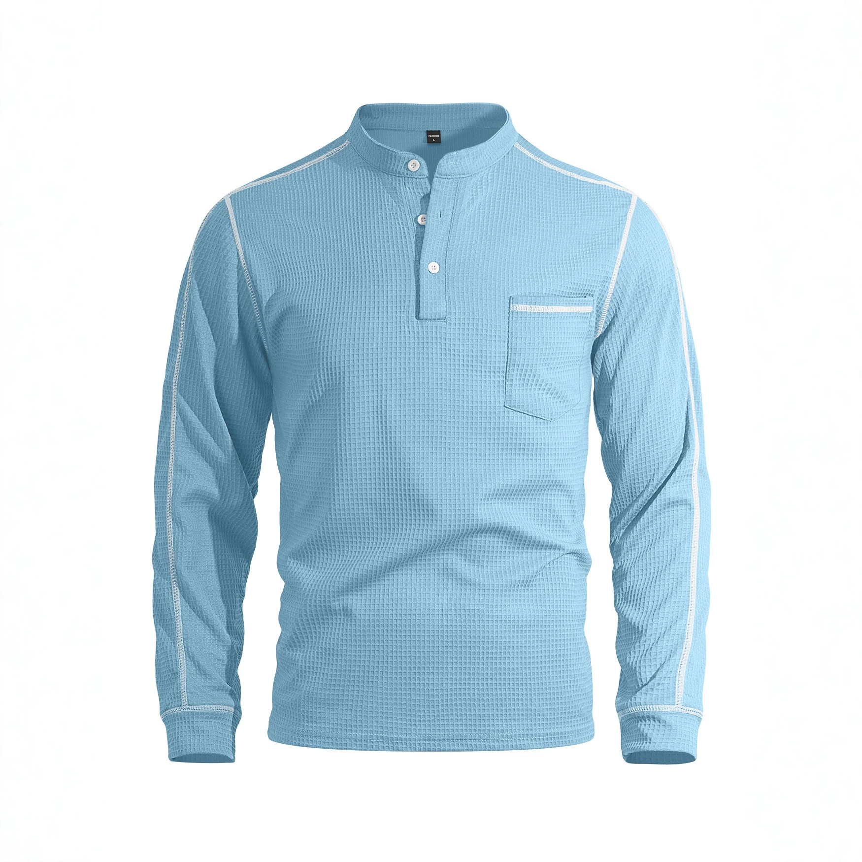 Mens Waffle-Texture Henley-Neck Long-Sleeve Polo Shirt view 6