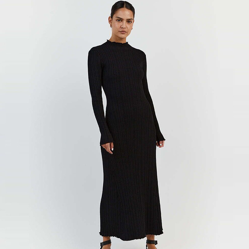 Long Sleeve Knitted Wooden Ear Turtleneck Waist-controlled Slim Fit Slimming Dress