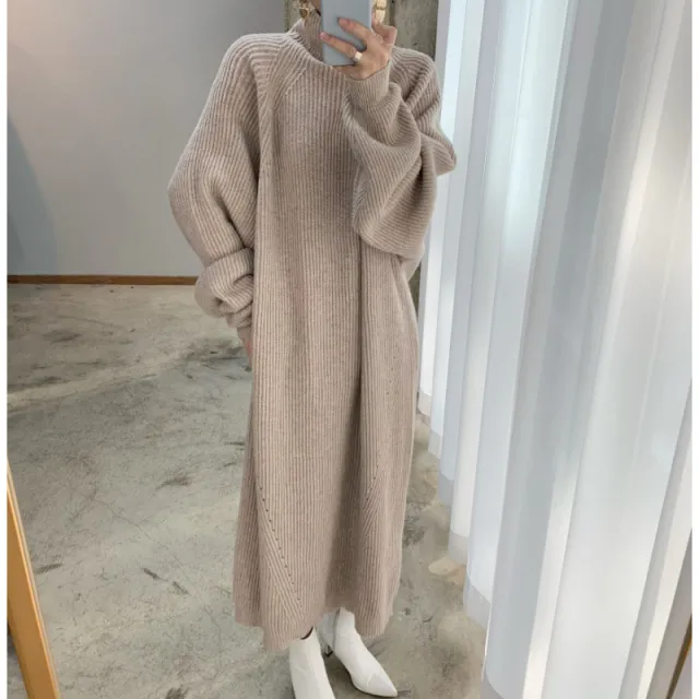 Raglan Sleeve Sunken Stripe Straight Knitted Dress Sweater Apricot - Shop at LoveMi