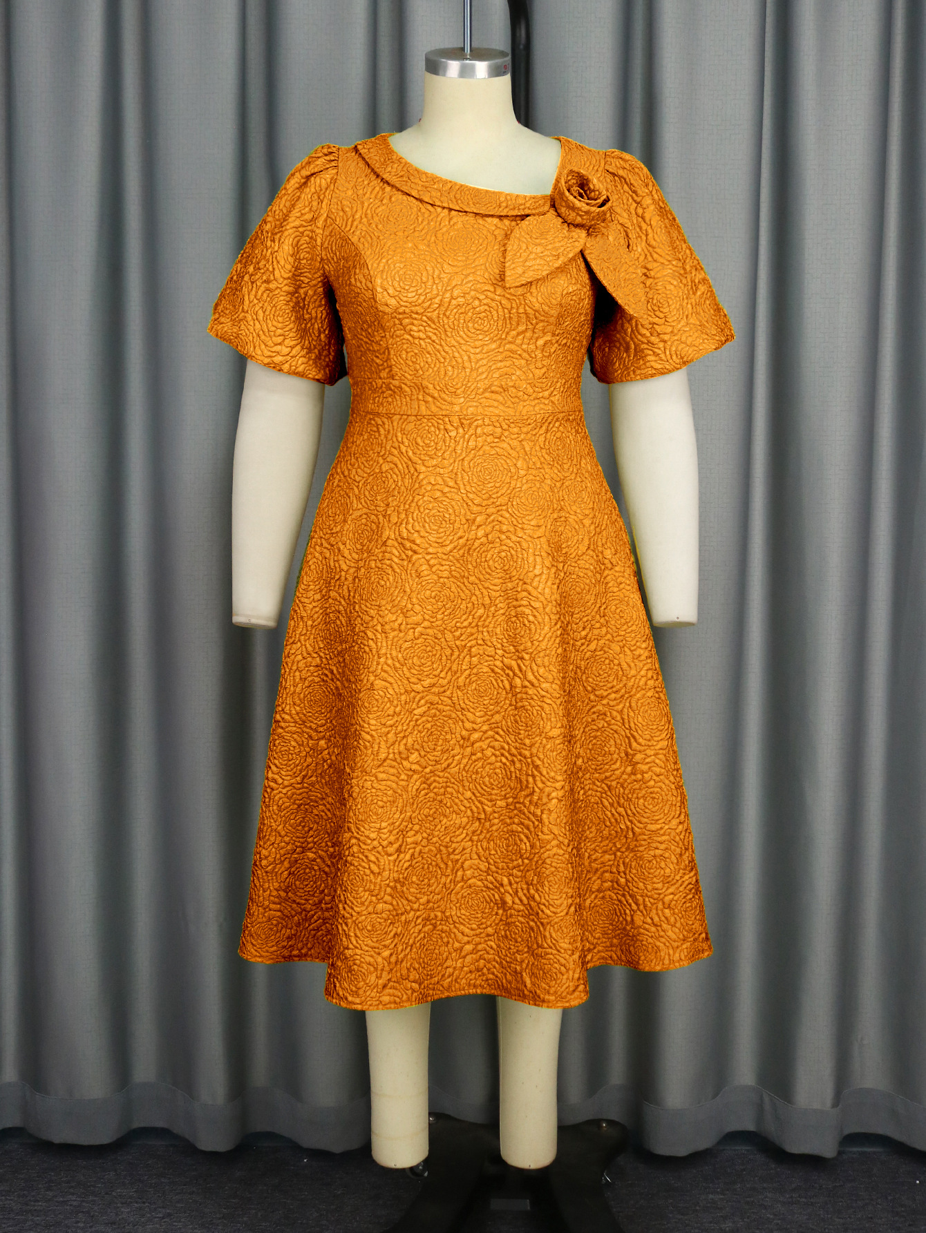 A Line New Jacquard Fabric Flower Dress Orange - Shop at LoveMi