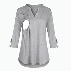 Plaid Printed Pregnant Woman Breastfeeding V-neck Long Sleeve Top - Grey - View 1