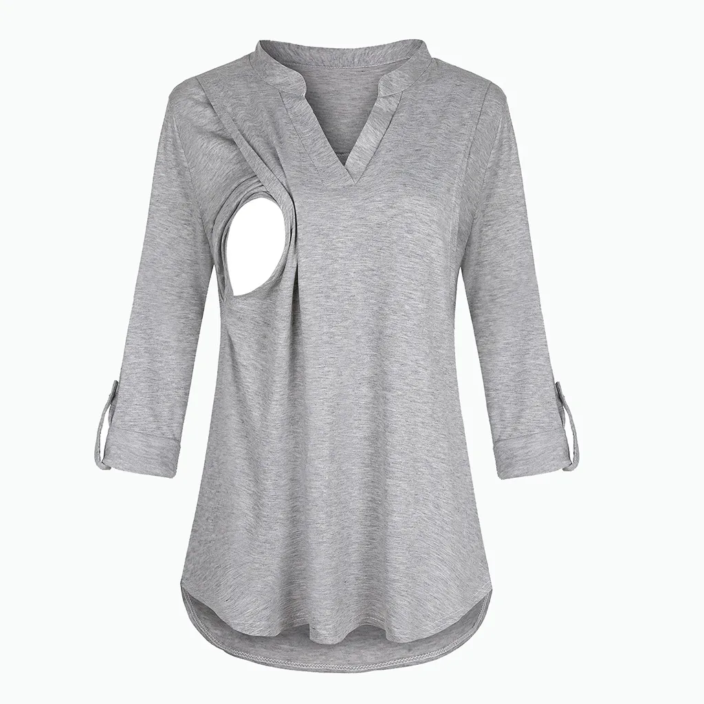 Plaid Printed Pregnant Woman Breastfeeding V-neck Long Sleeve Top - Grey