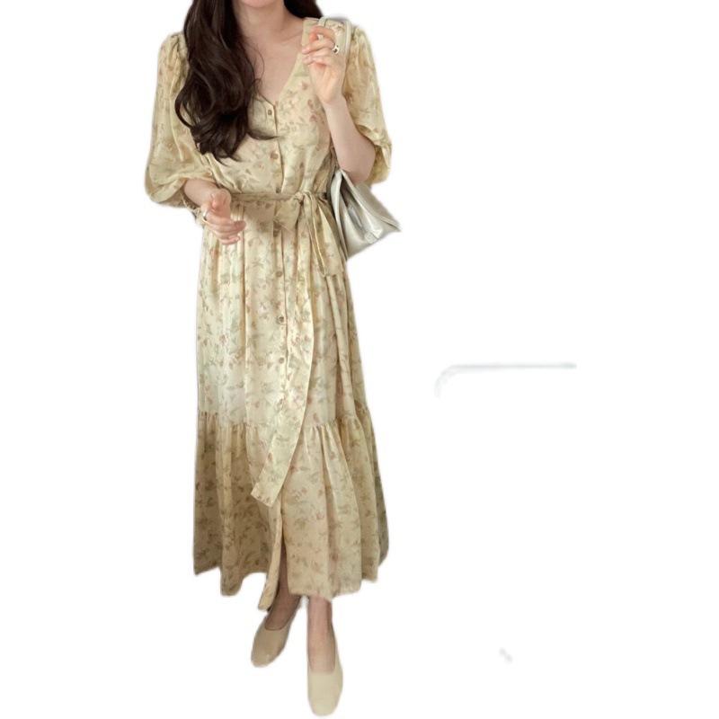 V neck Lace Up Chiffon Long Ruffled Swing Dress Yellow - Shop at LoveMi