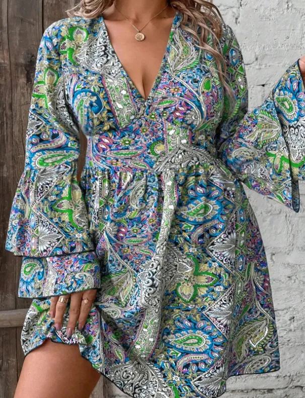 Fashion Printed V neck Plus Size Plump Girls Bell Sleeve Dress Green - Shop at LoveMi