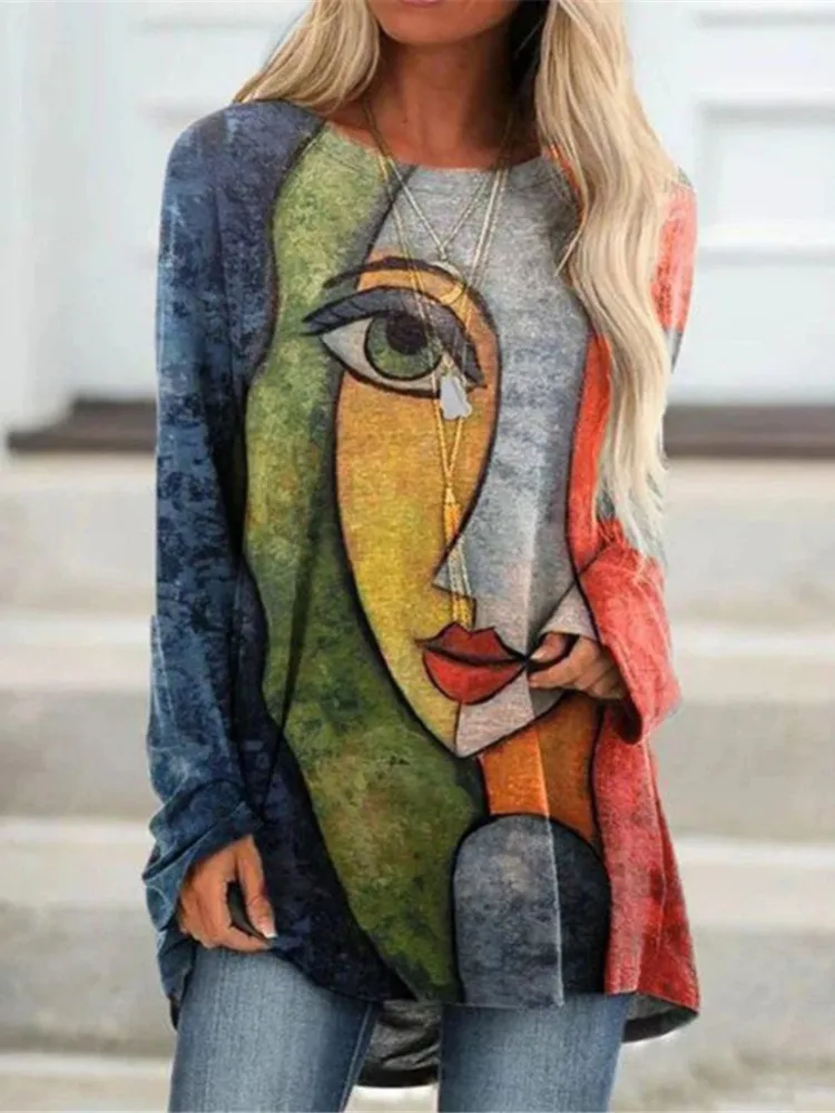 Pullover Long Sleeve Abstract 3D Printed Loose Round Neck Women's T-shirt - Bl22091Ld-5Xl