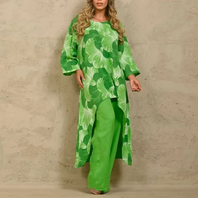 Loose Plus Size Print Irregular Top Suit Green - Shop at LoveMi