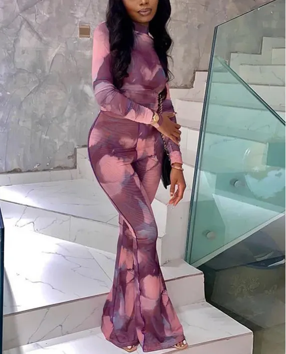 Printed Long sleeved Fitted Top With Wide leg Pants Pink Purple Multicolor - Shop at LoveMi