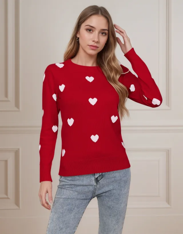 Women's Heart Jacquard Round Neck Pullover Sweater Red - Shop at LoveMi