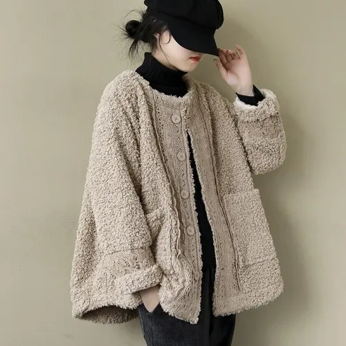 Artistic Retro Loose Long Sleeve Warm Coat Lambswool Khaki - Shop at LoveMi