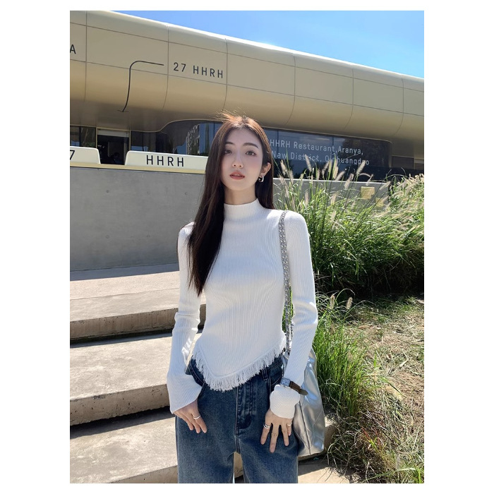 Women's Solid Color Semi High Neck Tassel Knit Base Sweater - Image 8