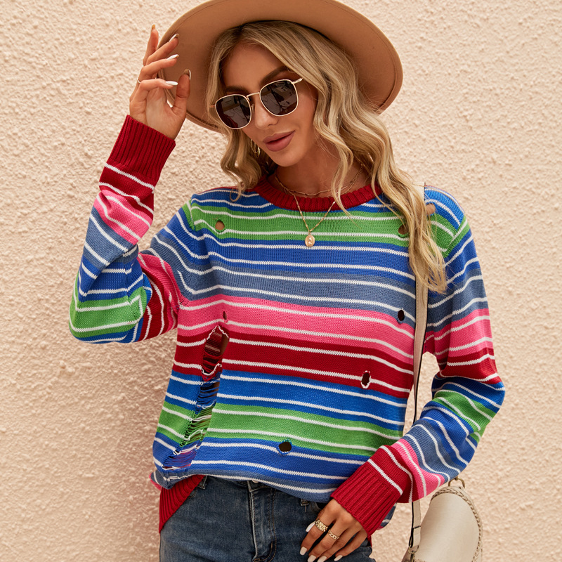AutumnWinter Colorful Long-sleeve Crew-neck Striped Knit Sweater