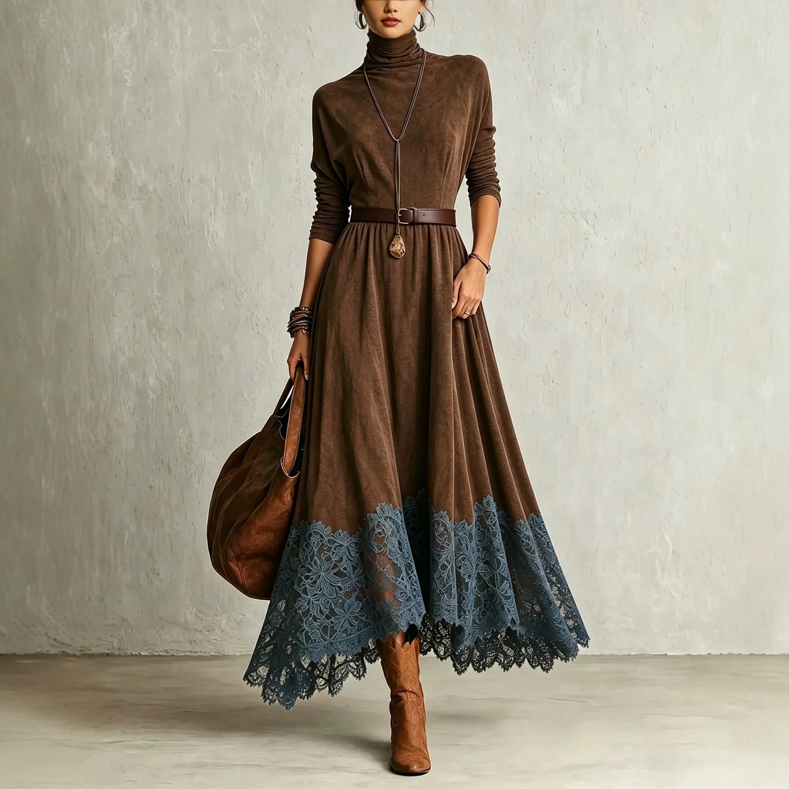 Rochie lungă elegantă din petice, în stil navetist, cu guler în picioare