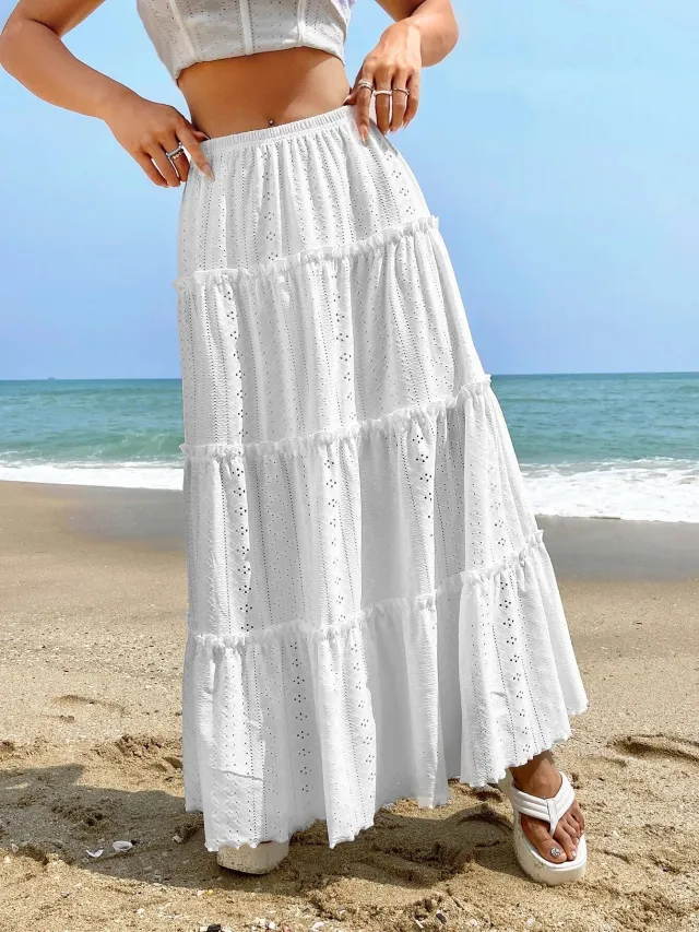 Women's Elastic Waist Mid length Stitching Solid Skirt White - Shop at LoveMi