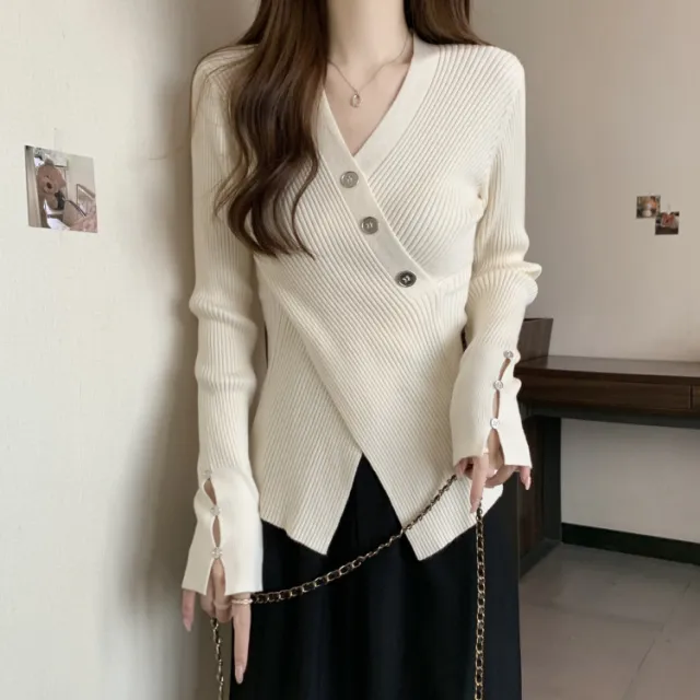 V neck Pullover Design Sense Slimming Inner Autumn Sweater White - Shop at LoveMi