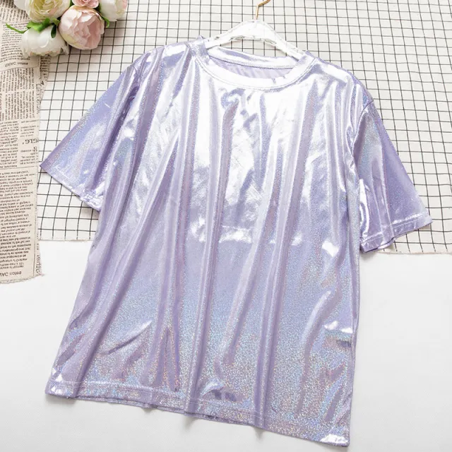 Women's Loose Sequin Short Sleeved T shirt Light Purple - Shop at LoveMi