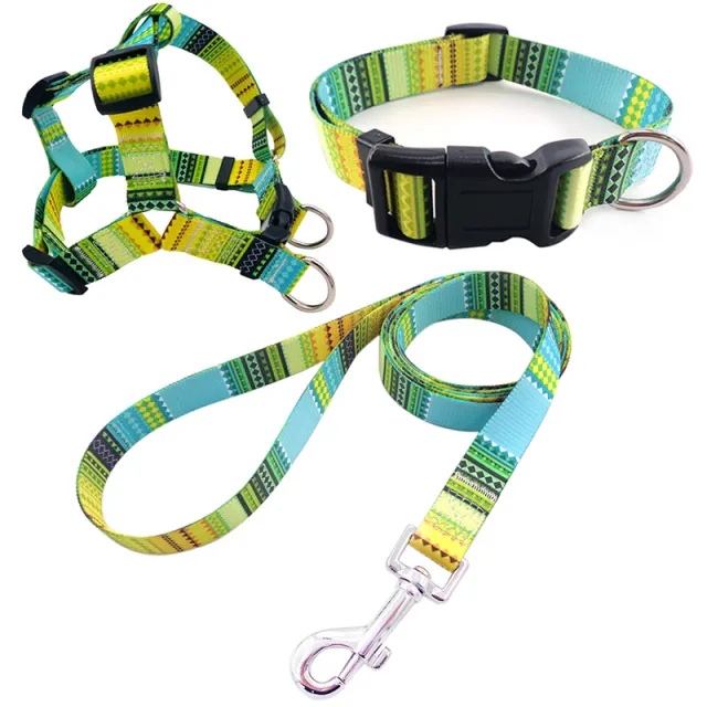 Pet Printing Collar Rope Chest Strap Traction Three piece Set Po'My Yellow - Shop at LoveMi