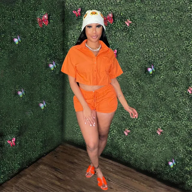 Women's Short sleeve Shirt Suit Elastic Pocket Shorts Orange - Shop at LoveMi