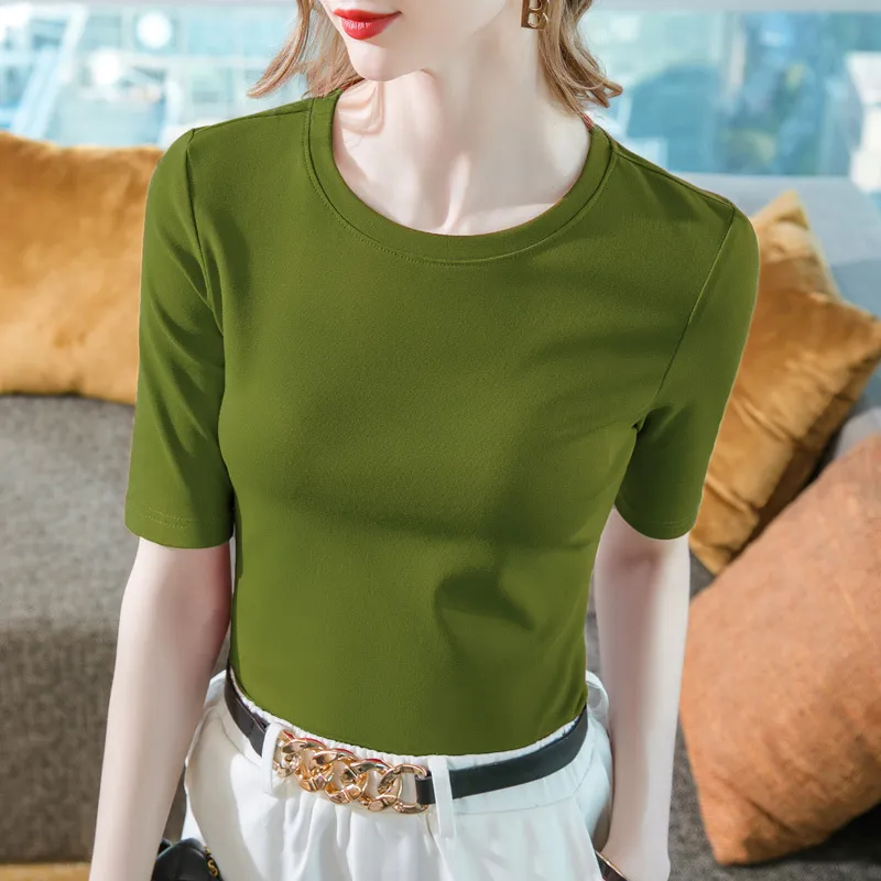 Women's Solid Color Round Neck Half-length Sleeve Cotton T-shirt Fashion Simple - Avocado Green
