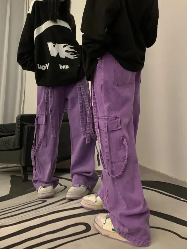 Retro Long Streamer Purple Overalls Straight leg Trousers Washed Purple - Shop at LoveMi
