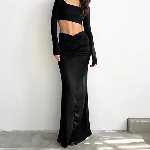 French Fishtail Skirt Black Pleated Sheath Dress Design Sense Black - Shop at LoveMi