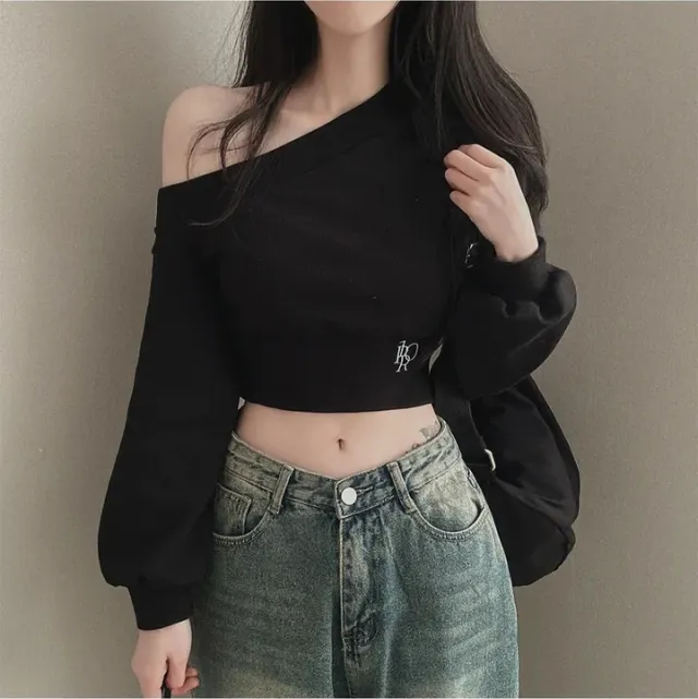 Womens Solid Color Asymmetrical Off the Shoulder Top With A Defined Waist Black - Shop at LoveMi